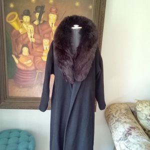 In Style Vintage Black Wool Fox Fur Collar Coat